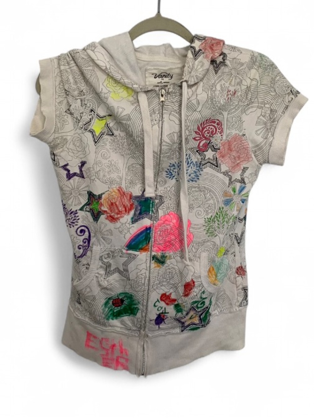 Y2K Vanity Cream Short-Sleeve Zip Hoodie with Colorful Hand-Drawn Accents